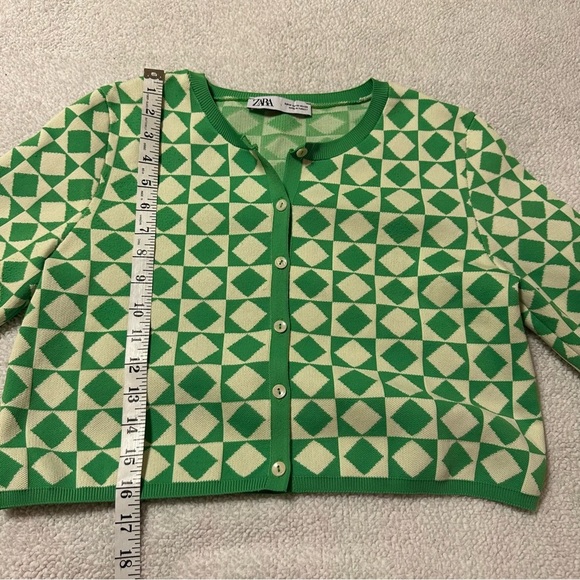 Zara Green Cream Geometric Button Front Cardigan Sweater Cropped Fitted - Picture 8 of 12